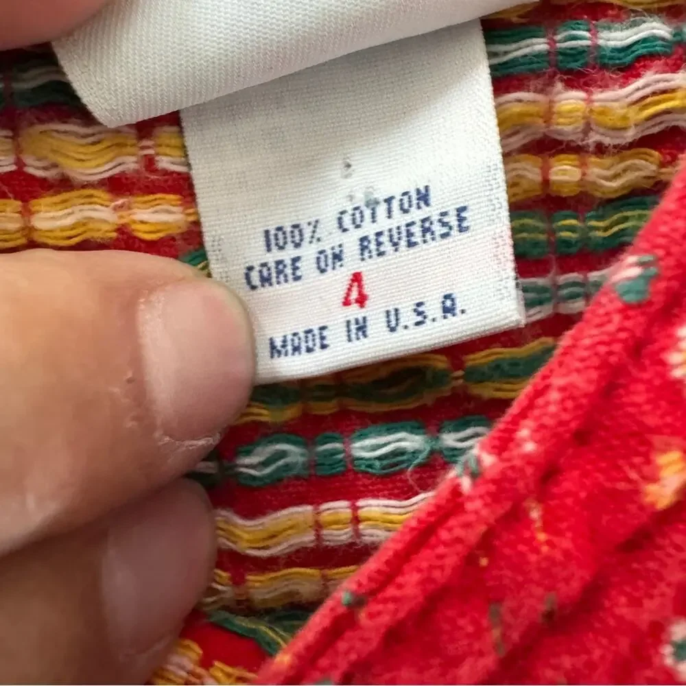 Vintage OshKosh B’Gosh Girls’ Heavy Woven Dress Red Yellow Pockets Size 4